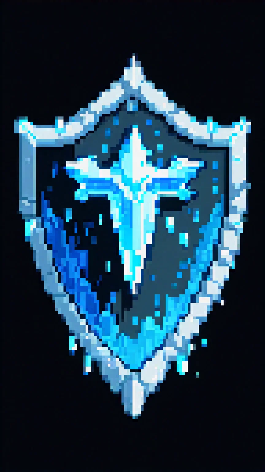 pixel art, cartoon illustration, icy shield, ice shards, simple black background, game icon