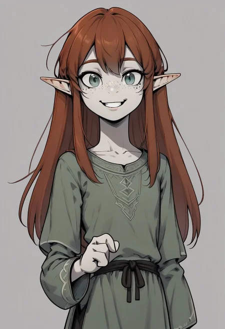 ASCIILapanya, 1 person, solo, pointy ears, ((snout nose)), flat chest, light skin, freckles, tall, ((gray eyes, gray irises)), ((grinning, teeth, friendly expression)):1.5,  auburn hair, long hair, several strands of hair sticking straight up, back-length hair,  average build, small nostrils, ((3 fingers 1 thumb)), baggy long-sleeve green tunic, ((blue breeches)) fully clothed,  
Lineart, clean lines, up close, upper body focus, highly detailed face, high quality, best quality,  score: 9, score: 8 up, rating: safe