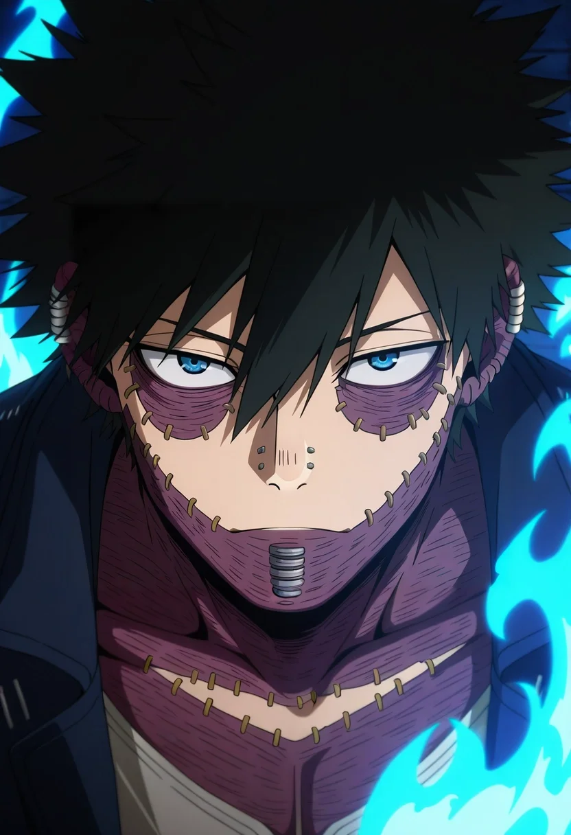 masterpiece, best quality, , anime screencap, anime coloring, official style, looking at viewer, 1boy, solo, male focus, <lora:dabi_bnha_ilxl:0.98>, dabi_bnha, black hair, blue eyes, short hair, spiked hair, hair between eyes, messy hair, bangs, scar, burn scar, scar on face, piercing, ear piercing, stitches, blue fire, , Denim cutoff shorts, Mesh jersey, , ,