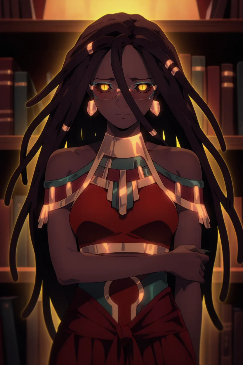 masterpiece, best quality, amazing quality,
annettenocturne_lcd, earrings, dark skin, hair ornament,
sekhmet_clt, dreadlocks, snake hair, jewelry, turtleneck halter top, slit pupils, yellow eyes, bare shoulders, midriff, long red skirt,
<lora:annetteNocturne_lcd_v02:1> 
<lora:spo_sdxl_10ep_4k-data_lora_webui:1>
<lora:add-detail-xl:1> holding own arm, glasses, bookshelf, solo, shy,