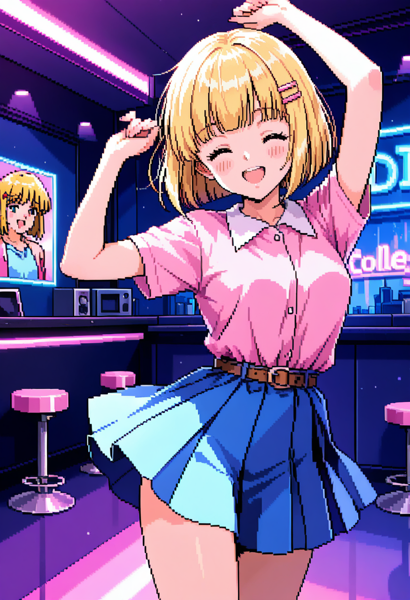 <lora:tomoyo3:0.8>t0m0y0,short hair,blunt bangs,blonde hair,pink shirt,collared shirt,belt,blue skirt,short sleeves,pose,indoors,dancing,open mouth,smile, closed eyes,,looking at viewer,blush,nightclub,arms up,neon palette, neon lights,retro artstyle,pixel art, very awa, masterpiece, best quality, amazing quality, very aesthetic, absurdres, sensitive, newest <lora:spo_sdxl_10ep_4k-data_lora_webui:0.7>,