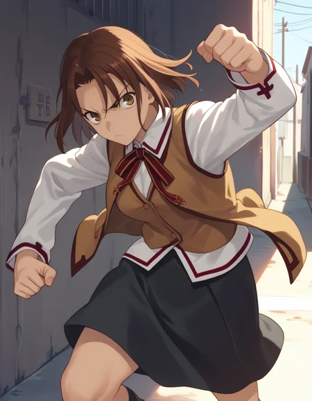 score_9, score_8_up, score_7_up, source_anime
<lora:ayako-ponyxl-000035:1> mitsuzuri, homurahara academy school uniform, vest, brown vest, black skirt,
1girl, alley, fighting stance, serious