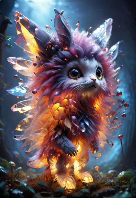 Mix the glowing-mushrooms, bunny and curly fur to create adorable magical creature with big glowing eyes, masterpiece, Surrealism, close-up, macro photo, f/1.2, backlighting, Albert Edelfelt, multicolored hair