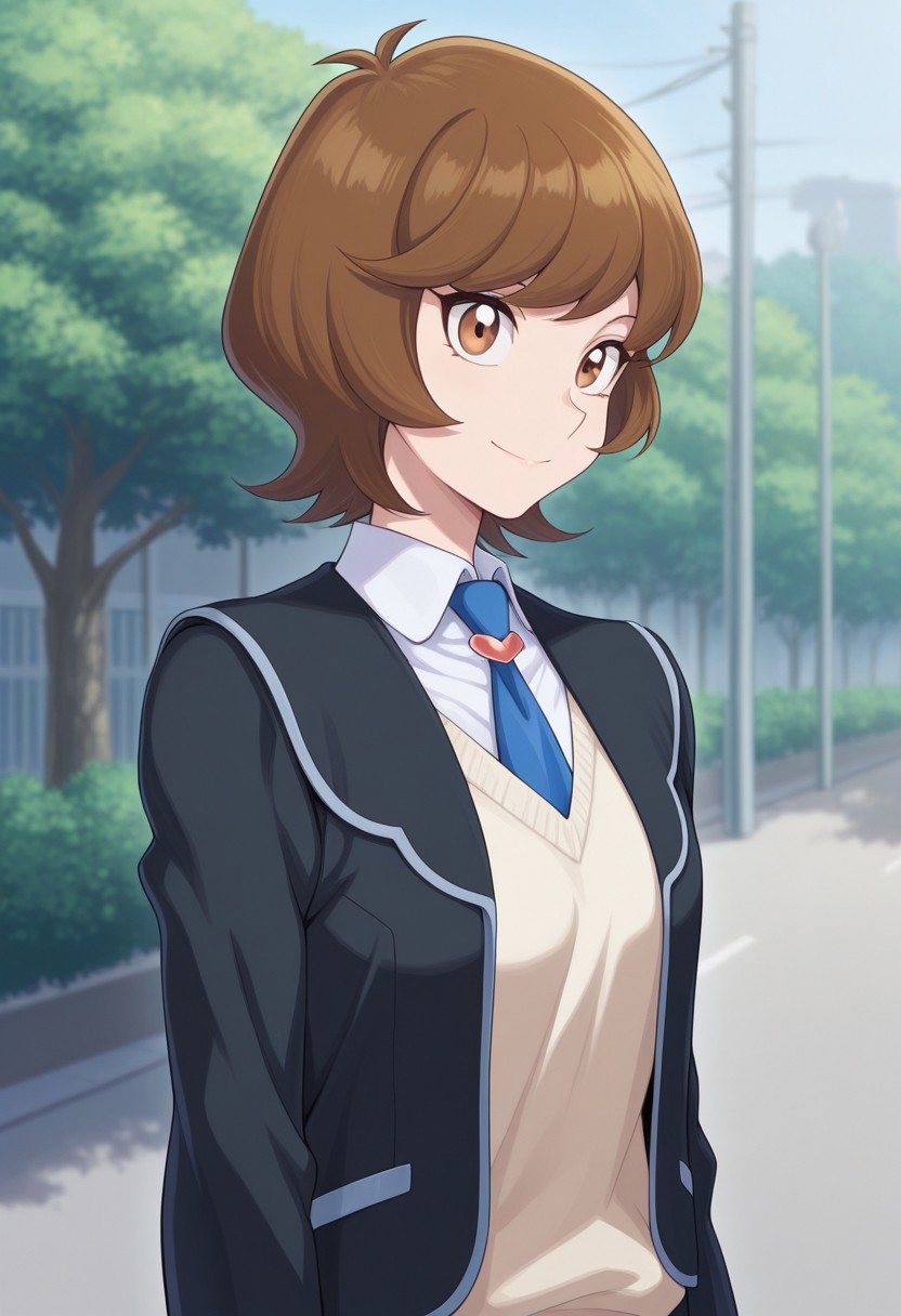 masterpiece,best quality,amazing quality, source_anime, 
AoiZaizen, 1girl, solo, brown eyes, brown hair, short hair, school uniform, shirt, white shirt, collared shirt, necktie, blue necktie, cardigan, jacket, blazer, black jacket, open jacket, smile,
outdoor,