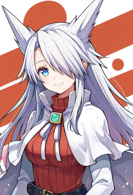 score_9,score_8_up,score_7_up,score_6_up,score_5_up,score_4_up,anime coloring BREAK source_anime,anime,<lora:Aty_Summon_Night_3_Pony_v2:0.8>,aty,1girl,solo,blue eyes,white hair,hair over one eye,hair flaps,long hair,red sweater,white cape,belt,smile,multicolored background,portrait,upper body,looking at viewer,