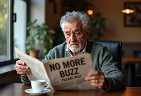 portrait of an older htph reading a newspaper with the title "NO MORE BUZZ, PLEASE HELP", sitting at a table with coffee