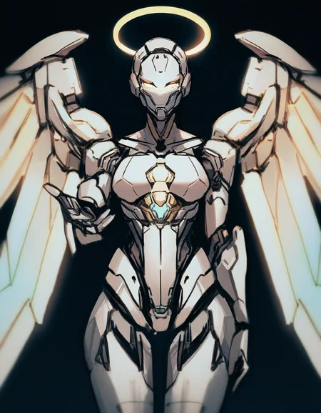 solo, angel, cyborg, mechanical-wings, mechanical-halo, glowing-eyes, reaching-towards-viewer, cowboy-shot, straight-on, masterpiece, best quality, newest, absurdres, highres