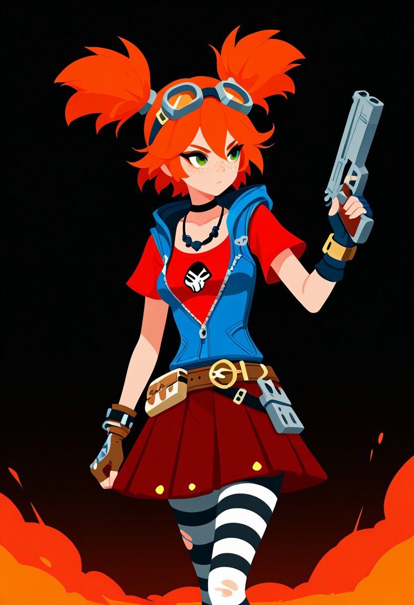 masterpiece, best quality, ultra-detailed, high resolution, 8K, sharp focus, intricate details, highly detailed, 2d, (flat color:1.5, no lineart:1.5, minimalist:1.5, no gradient:1.5, no shading:1.5),
simple background, gradient background,
<lora:gaigebl2-guy-v1PONYXL:1>,
solo, gaigebl2, orange hair, goggles on head, twintails, short twintails, a single mechanical hand, left hand mechanical, freckles, green eyes, petite, medium breasts,
dramatic eyeliner, choker, gloves, fingerless glove, belt, skirt, striped pantyhose, black and white pantyhose, hood, necklace, torn clothes, blue jacket, sleeveless jacket, jacket partially unzipped, red t-shirt, short red sleeves, short sleeves, red skirt,
 (gun, single gun,:1.2),  fight, explosions,
Nighttime,