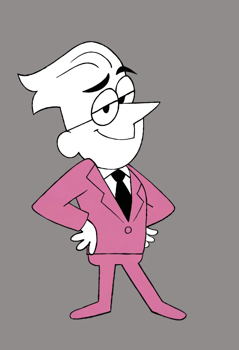 <lora:UmbertActuallyv1.0:0.8> (zPDXL2), score_9, score_8_up, score_7_up, source_cartoon, umbert_awi, 1boy, solo, human, white skin, short hair, white hair, pointy nose, pink suit, long sleeves, black necktie, pink pants BREAK full body, toony, sassy pose, thick eyebrows, raised eyebrow, glasses, black eyes, looking at viewer, narrowed eyes, smirk, hands on hips BREAK flat colors, gray background