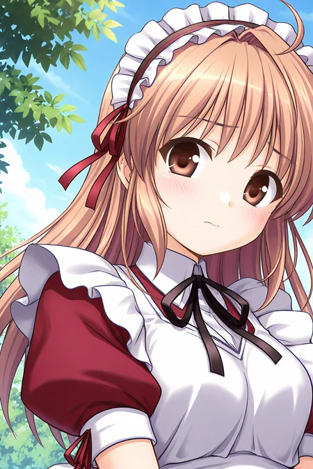 masterpiece, best quality, absurdres, official art, official style, rating general BREAK <lora:yuukiharuna_IL_v1-1:0.7>, yuuki haruna, 1girl, solo, brown eyes, brown hair, ahoge, long hair, hair intakes, medium breasts, maid, maid headdress, black hairband, frilled hairband, hairband with ribbon, red ribbon, red dress, pinafore dress, collared dress, puffy short sleeves, neck ribbon, arm ribbon, black ribbon, wrist cuffs, maid apron, white apron, frilled apron, outdoors, day, cloud, tree, blue sky, upper body, portrait, close-up,
blush, :, closed mouth, looking at viewer, sulky look