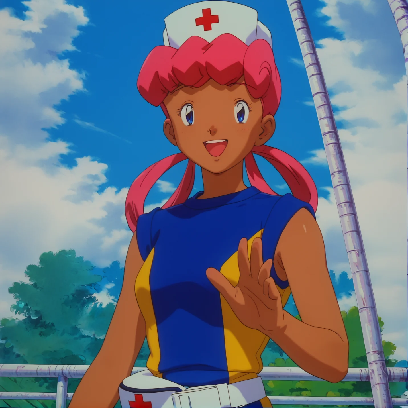 score_9, score_8_up, score_7_up, 1girl, solo, source_anime, pkmnjoy, hair rings, dark skinned female, wetsuit, sleeveless, nurse cap, blue eyes, pink hair, dark-skinned female, <lora:Nurse_Joy_-_Pokemon_anime_Orange_islands:1> smiling, open mouth,