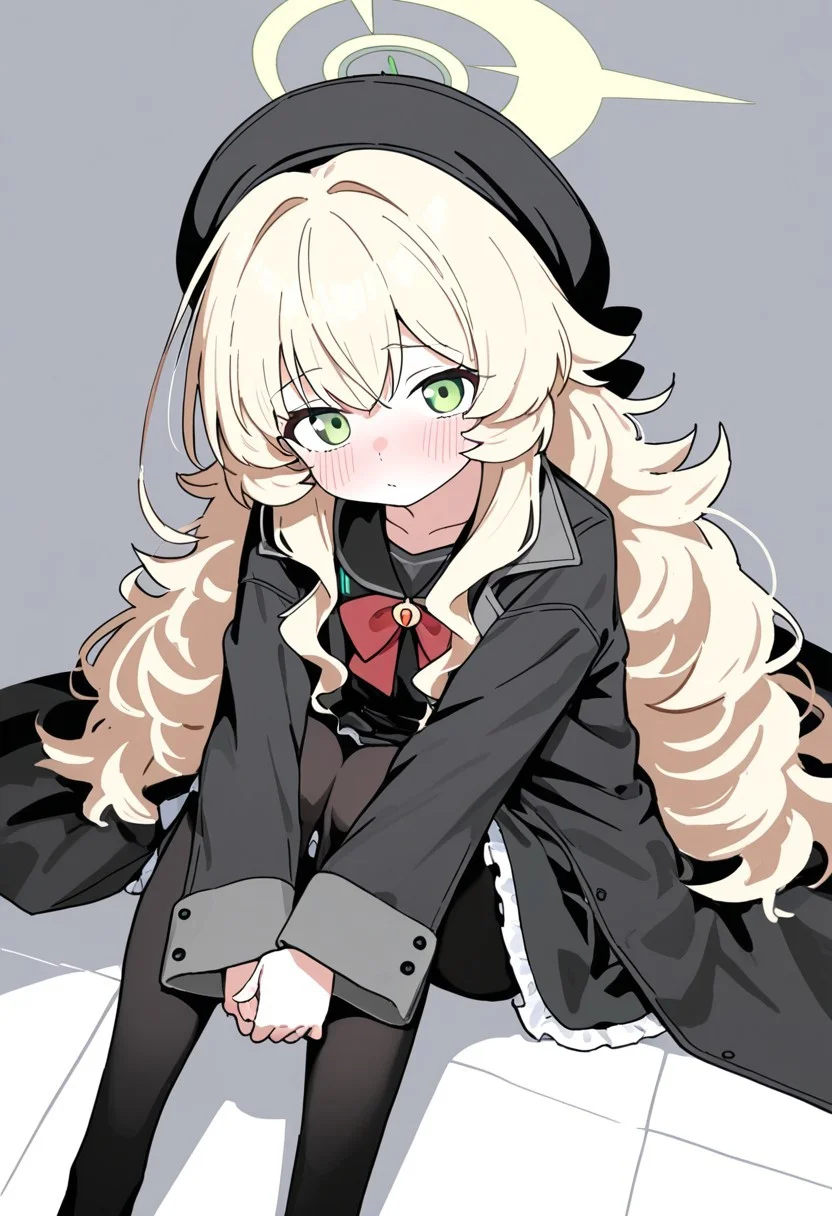 (best quality,8K,masterpiec:1.3),very aesthetic, absurdres,finely detail,intricate detail,delicate facial features,clean lineart,(no background),
1girl,solo,professor niyaniya (blue archive),(black dress,beret,double-parted bangs,long sleeves,red bow,sidelocks,black pantyhose,open coat,emerald green eyes,blonde hair,yellow halo:1.3),
gentle_gaze, soft_cheek_blush, floor_sitting (knees_bent_together, legs_tightly_folded), arms_around_knees (fingers_interlocked), torso_forward_leaning, head_tilted_down,minimalist_white_background , soft_lighting, pastel_atmosphere, fair_skin