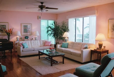 MiamiVice, living room, indoors, highly detailed, 4K, (bright stylish grainy analog 35mm film photo)