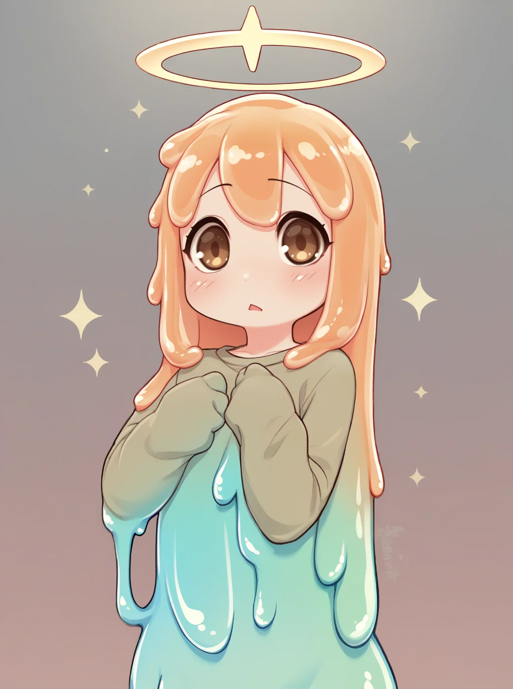 score_9, score_8_up, score_7_up, source_anime, solo, 1girl, , Sheepshead Fish girl, slime hair, Light Brown eyes, multicolored background, halo, , kionant, <lora:kionant_PDXL-000002:1>
