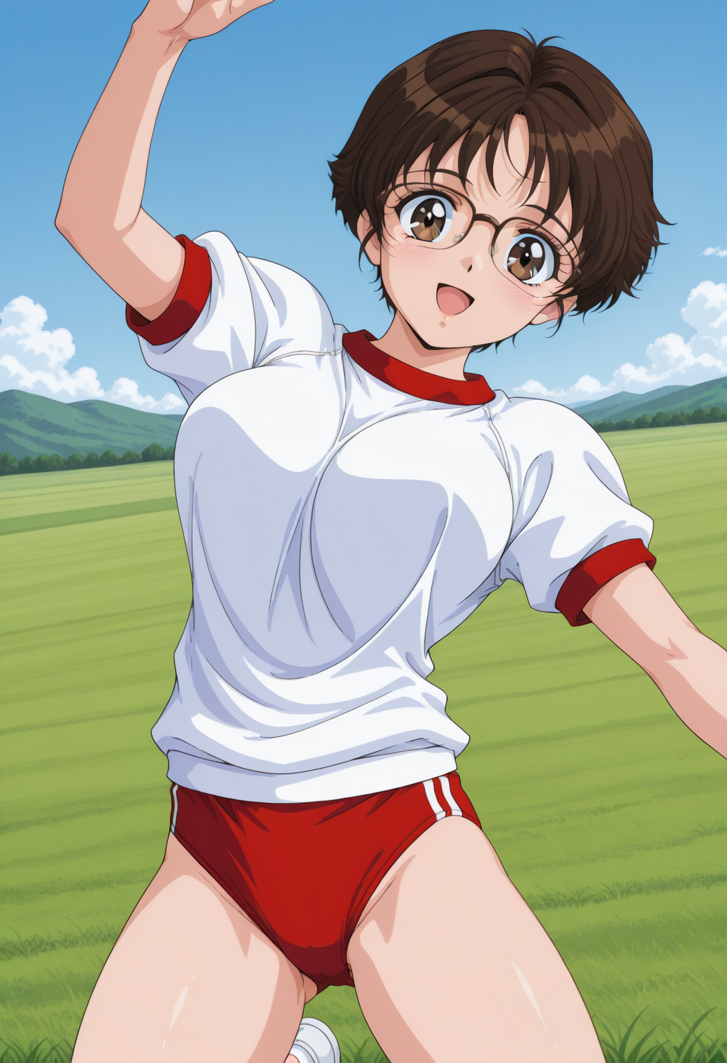 fr_fuzisaki_mika, brown eyes, brown hair, short hair, glasses, gym uniform, red buruma, <lora:fr_fuzisaki_mika_illustrious_ver2:0.8> 
smile, open mouth, cowboy shot,, masterpiece, best quality, sensitive,, 1girl, solo, blue sky, (grasslands:1.2), looking at viewer,, (dynamic pose:1.4),