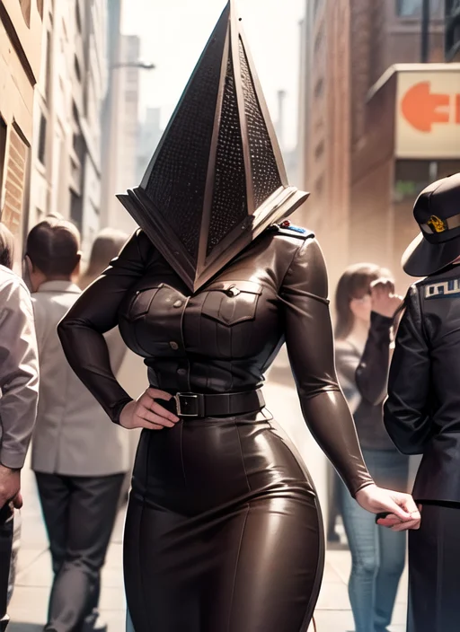 best quality, pyramid head, (police uniform:1.3), crowded, street, 1girl <lora:pyramid head:1>