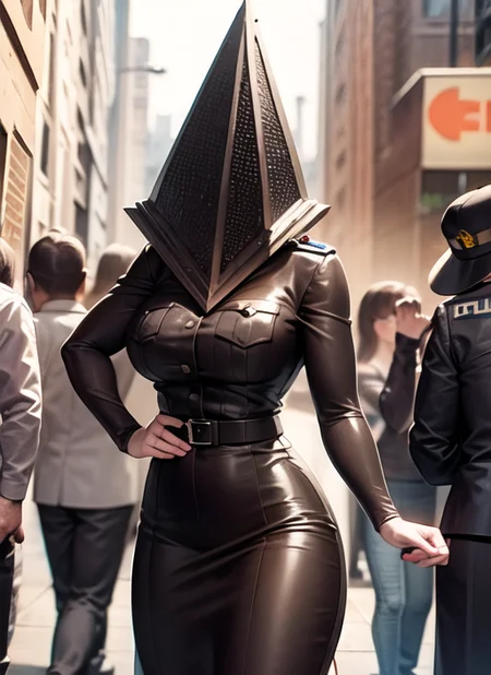 best quality, pyramid head, (police uniform:1.3), crowded, street, 1girl <lora:pyramid head:1>
