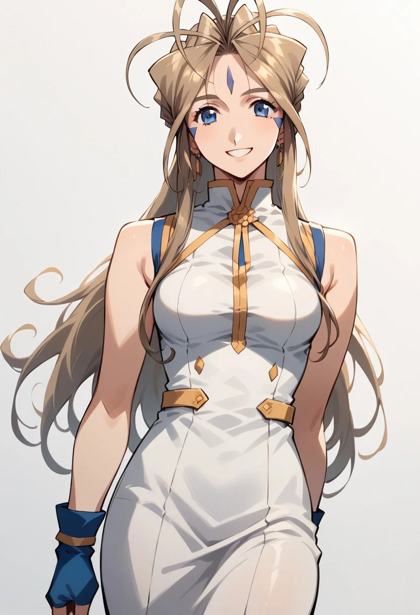 score_9, score_8_up, score_7_up, score_6_up, masterpiece, ultra detailed, best quality, source_anime, Expressiveh, BREAK, 1girl, smile, Belldandy, white dress with a golden trim, blue fingerless gloves, jewelry, sleeveless dress, earrings, simple background