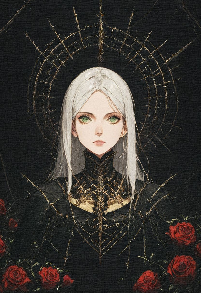 score_9, score_8_up, score_7_up, 
female, long white hair, beautiful face, green eyes,
(dark knight), bulky, heavy, medieval, dark theme, armor, (golden sword), golden trim, black cape, 
close up, full body, (red roses background: 0.7), thorns, sideways,
easynegative, xenotr1p,