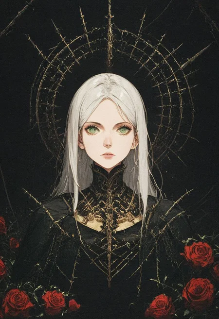 score_9, score_8_up, score_7_up, 
female, long white hair, beautiful face, green eyes,
(dark knight), bulky, heavy, medieval, dark theme, armor, (golden sword), golden trim, black cape, 
close up, full body, (red roses background: 0.7), thorns, sideways,
easynegative, xenotr1p,