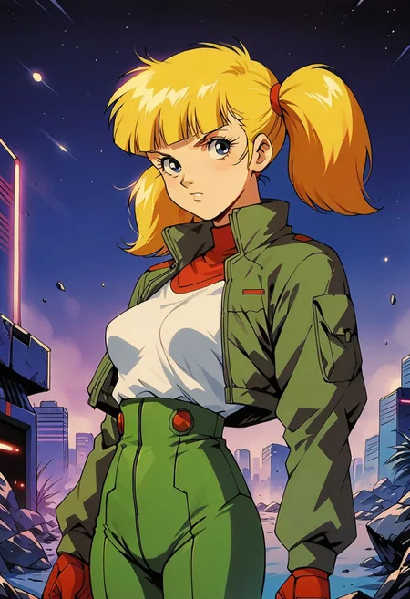 score_9, score_8_up, score_7_up, score_6_up, score_5_up, score_4_up, source_manga, rating_questionable, 1girl, penny \(inspector gadget\), human, cyberpunk, punk, breasts, undercut, blonde hair, pigtails, blue eyes,
shirt, stripe, green pants, cowboy shot, night, neon, vaporwave, retro artstyle, tv still, halftone effect, knva, mech pilot, mecha, plugsuit, helmet, cyberwear, techwear,