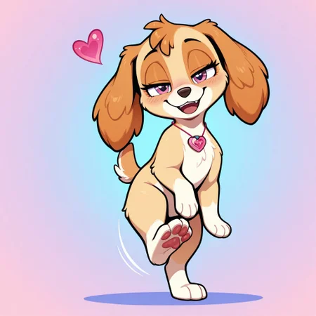 Skye, puppy, (((no neckwear except pink necklace))) BREAK playful, confident, cheeky, friendly, smug, adorable, loving, expressive eyes, standing, (((((((raising front right foot))))))), BREAK happy, female, standing, score_9, score_8, score_7, no humans, (((full body))), standing, solo, female, feral, hight definition, no neckwear except pink heart necklace, hyper detailed, best quality, amazing quality, 1girl, cute, cute smile, cute pose, 8k, masterpiece, eyelashes, (((half-open eyes))), slightly open mouth, smile, looking at viewer, sweety pose <lora:Furry_Enhancer Chroma V1:1>