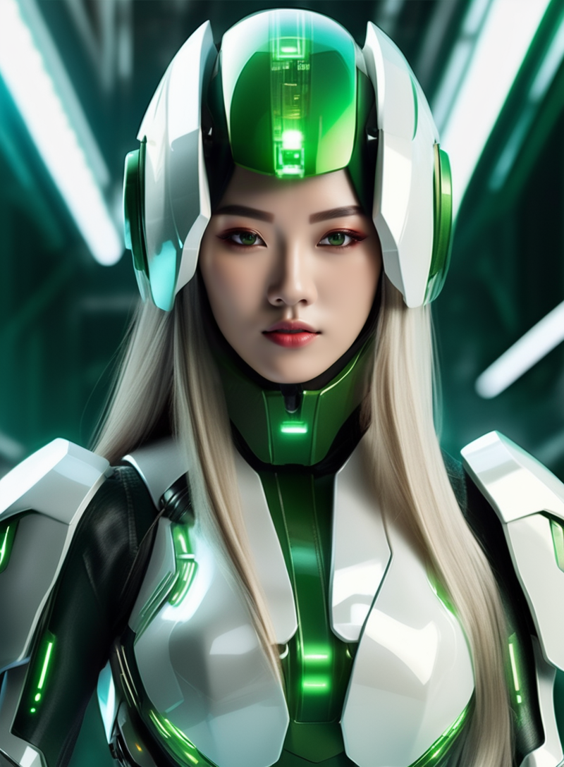 (masterpiece, best quality:1.5)
1 asian girl, closed mouth, cyborg, green eyes, helmet, lips, long hair, looking at viewer, nose, realistic, science fiction, solo, upper body, white hair