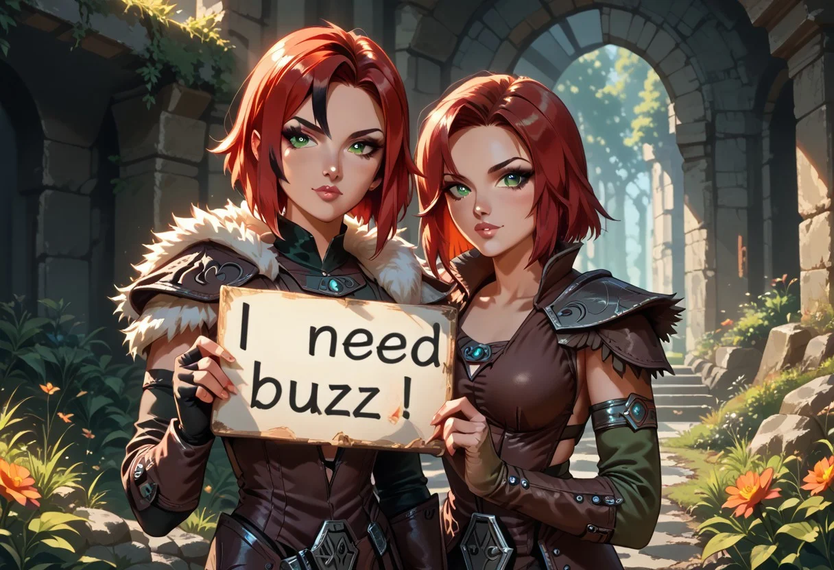 score_9, score_8_up, score_7_up, score_6_up, highest quality, high detail, accurate, correct hand, 5-fingers, perfect anatomy, best quality, beautiful lighting, (highest quality), perfect face, (1girl, Aela the Huntress), red hair, green eyes, medium breasts,armor, fingerless gloves, quiver, pauldrons, skirt, fur trim), buzz, need_buzz, holding sign