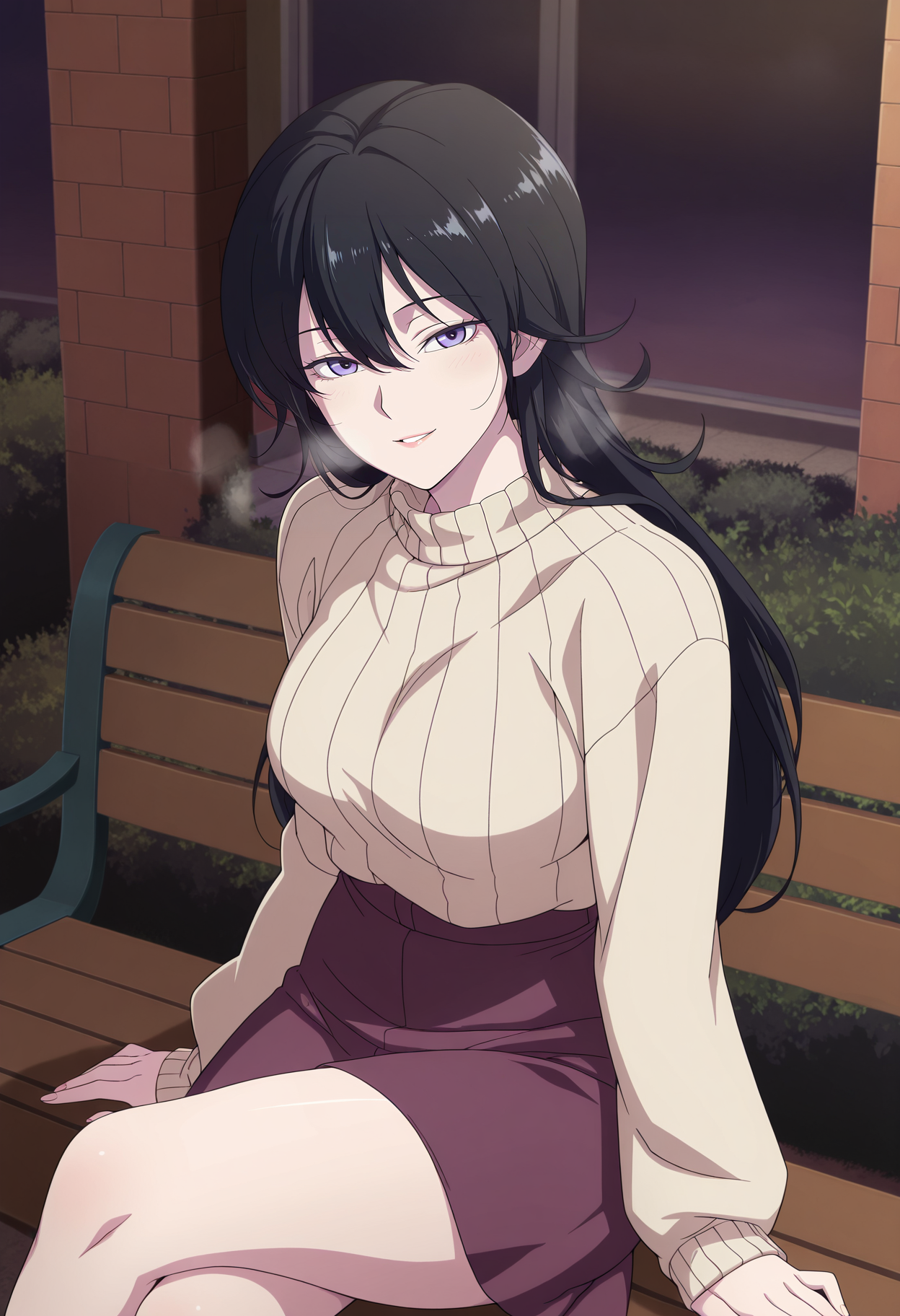 1girl,solo,mm,mature female,black hair,long hair,bangs,hair between eyes,purple eyes,breasts,anime coloring,
sweater,skirt,sitting, on bench,breath, parted lips, looking at viewer, smile,outdoors, crossed legs, light blush, 
,masterpiece,best quality,amazing quality,<lora:Duna_Lee-The_Girl_Downstairs:0.8>