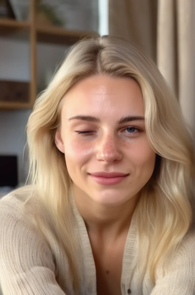 portrait photo of an 20 years old european blonde haired woman sitting in living room, (winks with one eye at viewer), 8k, uhd, realistic, detailed skin, insane detailed, Illumination daylight, <lora:makeup_050_cosine_iter2_ 0012_sdxl_10epoches_adafactor-step00006200:1>, one eye closed and one eye open