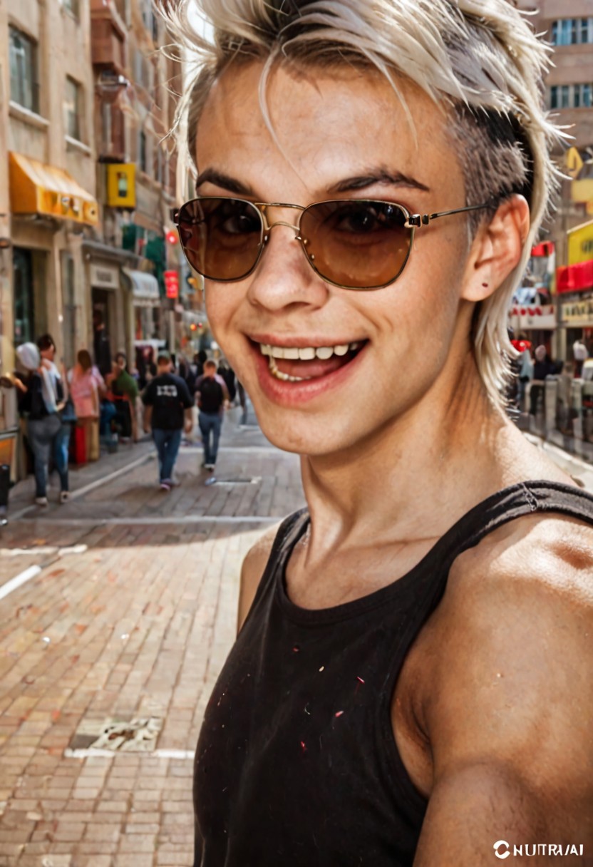 (Xcurix:1.6),(in city:1.5), guy close portrait, black tshirt, white hair, sunglasses, very open mouth, smiling , modern clothes stile ciberpunk, high definition,
