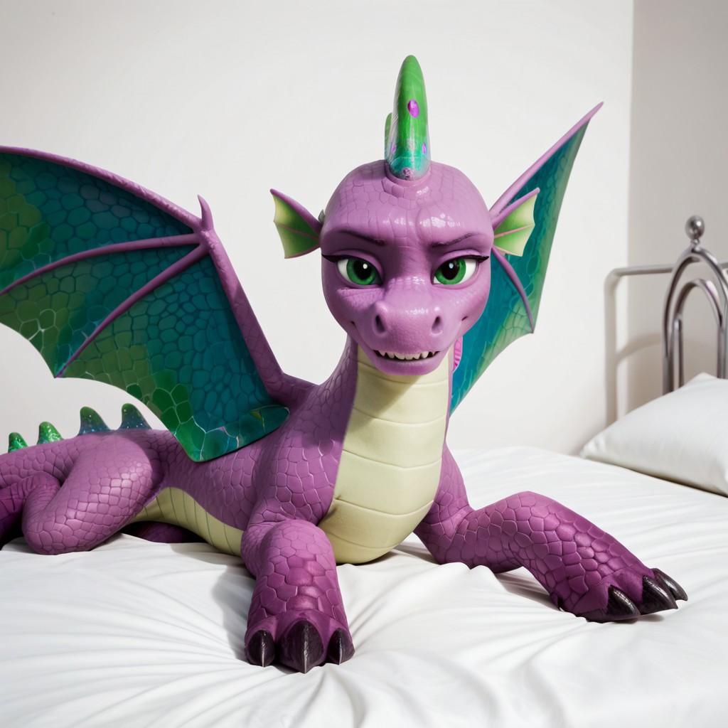 score_9, score_8_up, score_7_up, score_6_up, score_5_up, score_4_up, masterpiece, high quality, realistic, detailed, best quality, white bed, solo, rating_safe, source_pony, bedroom, smiling, seductive, looking at viewer, on bed, lying on belly, spike_mlpg5, dragon, purple scales, green wings, tail, male, 1boy, green eyes, head fins, feral