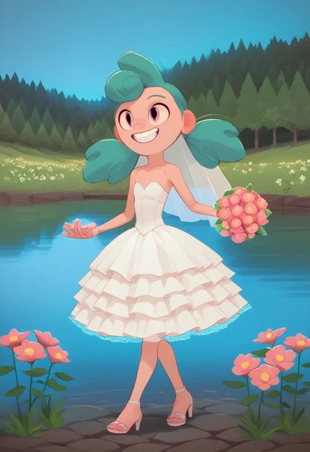 score_9, score_8_up, score_7_up, solo, 1girl,
turquoise hair, two pigtails, bright pink eyes,
happy, teeth smile, standing full body barefoot flat breast outdoors, lake, altar Wedding background, Wedding dress Wedding veil Wedding Ring high heels sandals holding Bunch of flowers