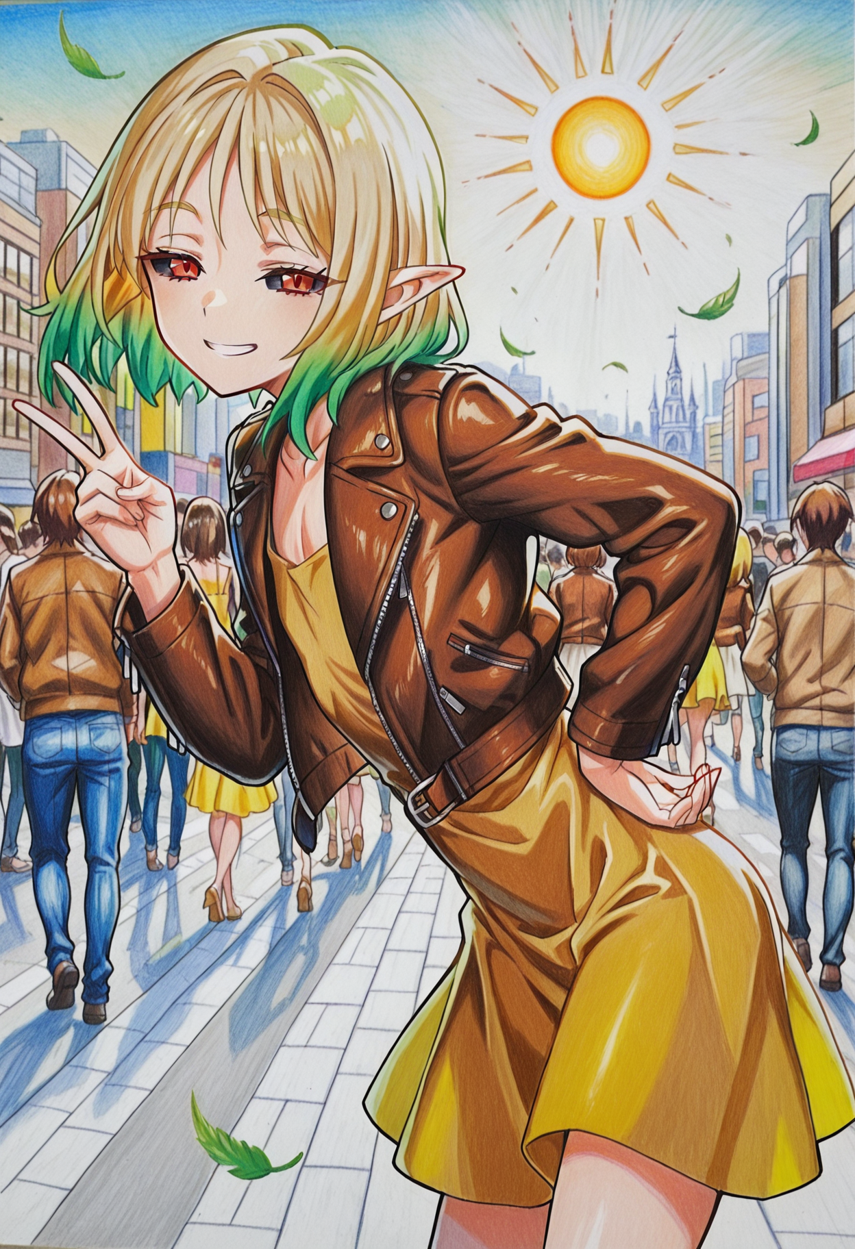 solo, sun, crowded street, flying leaves,
1boy, trap, flat chest, pointed ears, small eyes, (black sclera), red eyes, bob hair, ((blonde hair), green hair, gradient hair), skinny,
cowboy shot, half closed eyes, ((leaning forward)), smile, good hands, one hand peace sign, one hand on hip, looking at viewer,
yellow dress, sundress, brown crop jacket, leather jacket, standing, side view,
colorpencilstyle, color pencil art, <lora:Hanran_Non_artist_style:1>,