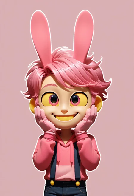 score_9, score_8_up, score_7_up, rating_safe, source_cartoon JaxTADC, solo, gloves, 1boy, animal ears, hands on face, upper body, portrait, toes, animal ears, rabbit ears, suspenders, chibi:1.9, male focus, human:1.9, pink hair, hot pink hoodie, pants, hot pink gloves, yellow sclera, colored sclera, Hot pink eyes, yellow teeth, rabbit feet, Hot pink cornea, wavy hair, small town