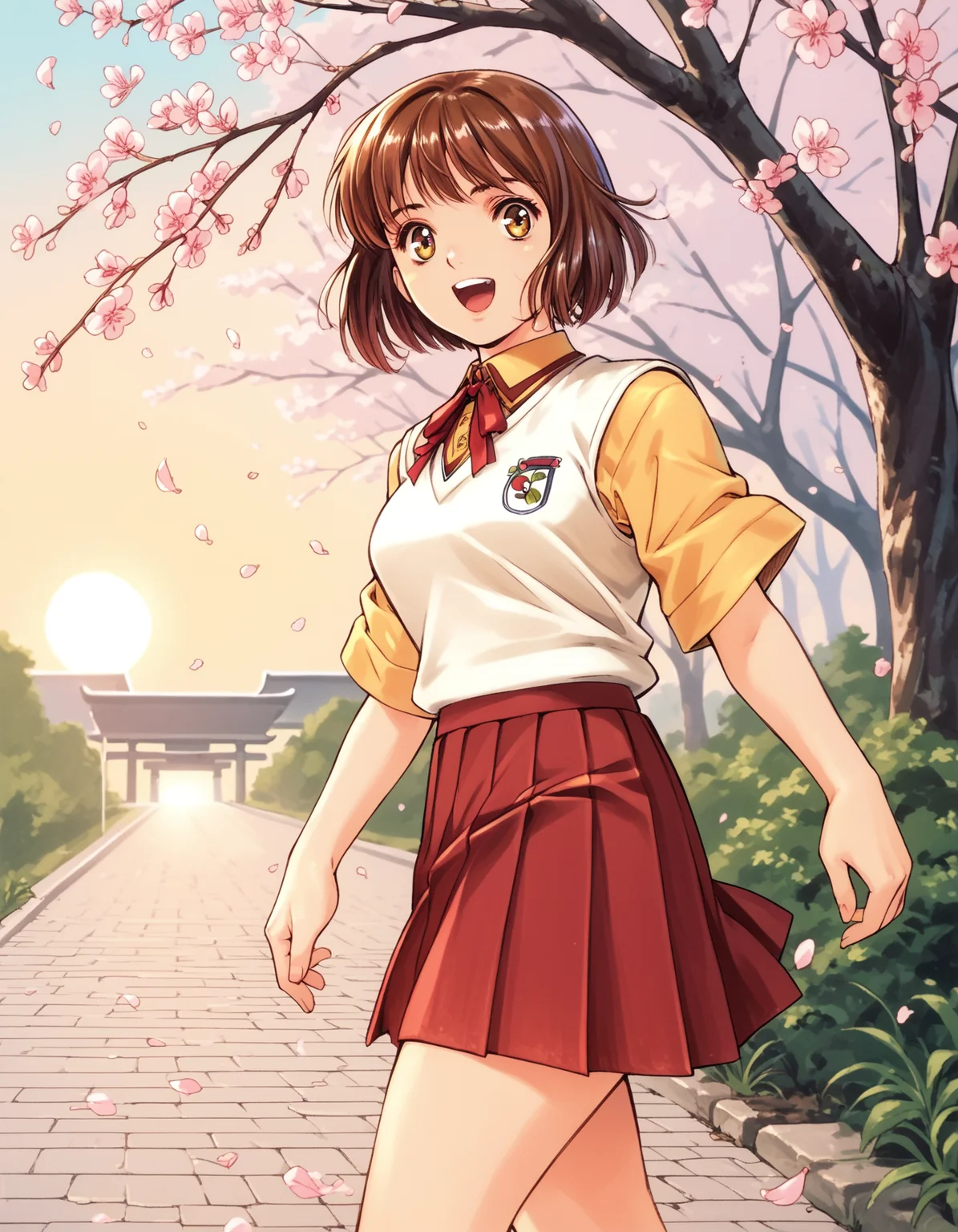 score_9, score_8_up, score_7_up, <lora:peridot-voice-ponyxl-000022:0.8> shindo, brown hair, sweater vest, white vest, yellow shirt, short sleeves, red ribbon, pleated skirt, red skirt, miniskirt,
solo, cherry blossoms, walking, from side, looking at viewer, happy, open mouth, sunset