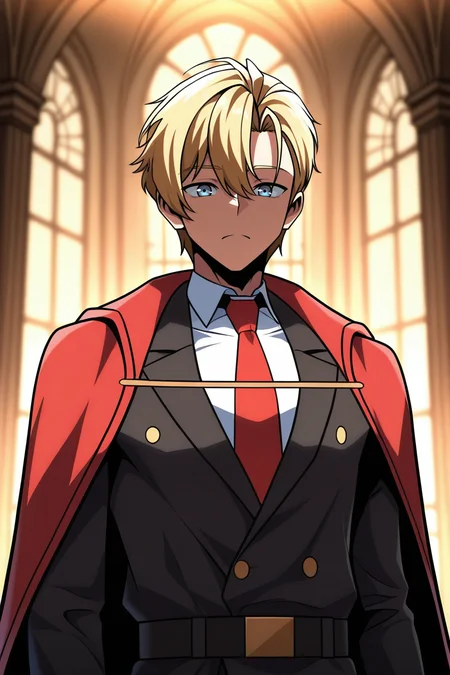 masterpiece, best quality, amazing quality, very aesthetic, high resolution, ultra-detailed, absurdres, newest, scenery, volumetric lighting, depth of field,anime screencap, , , 1boy, solo, male focus,  <lora:ed_rothstaylor:0.93>,ed rothstaylor,light blue eyes,blonde hair,short hair,side swept,looking at viewer, shirt, long sleeves, closed mouth, jacket, white shirt, upper body,necktie, collared shirt, belt, cape, black jacket, frown, formal, suit, red necktie, red cape,expressionless, indoors