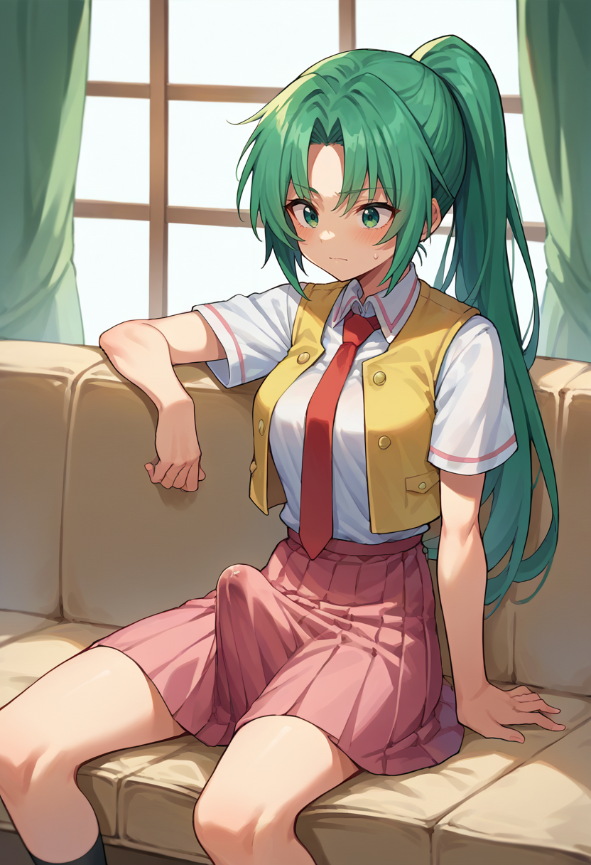 score_9, score_8_up, score_7_up, source_anime,   <lora:Erection Under Clothes-000012:1> erection under clothes,   <lora:MionPonyN:1> Mion Sonozaki, green eyes, ponytail,  green hair, white shirt, red necktie, yellow vest, red skirt, 1girl, solo, sitting, on couch,
