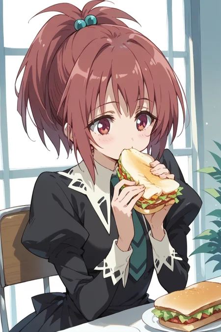 score_9, score_8_up, score_7_up, score_6_up,
<lora:Nagisa_Aoi:1> nagisa, miator, 1girl, solo, school uniform, food, eating, hair ornament, sandwich, red hair, ponytail, hair bobbles, necktie, black dress, puffy sleeves,