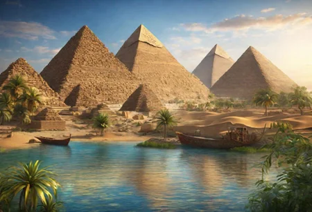 HDR,UHD,8K,Highly detailed,realistic,photo-realistic:1.37), pyramids near a river
