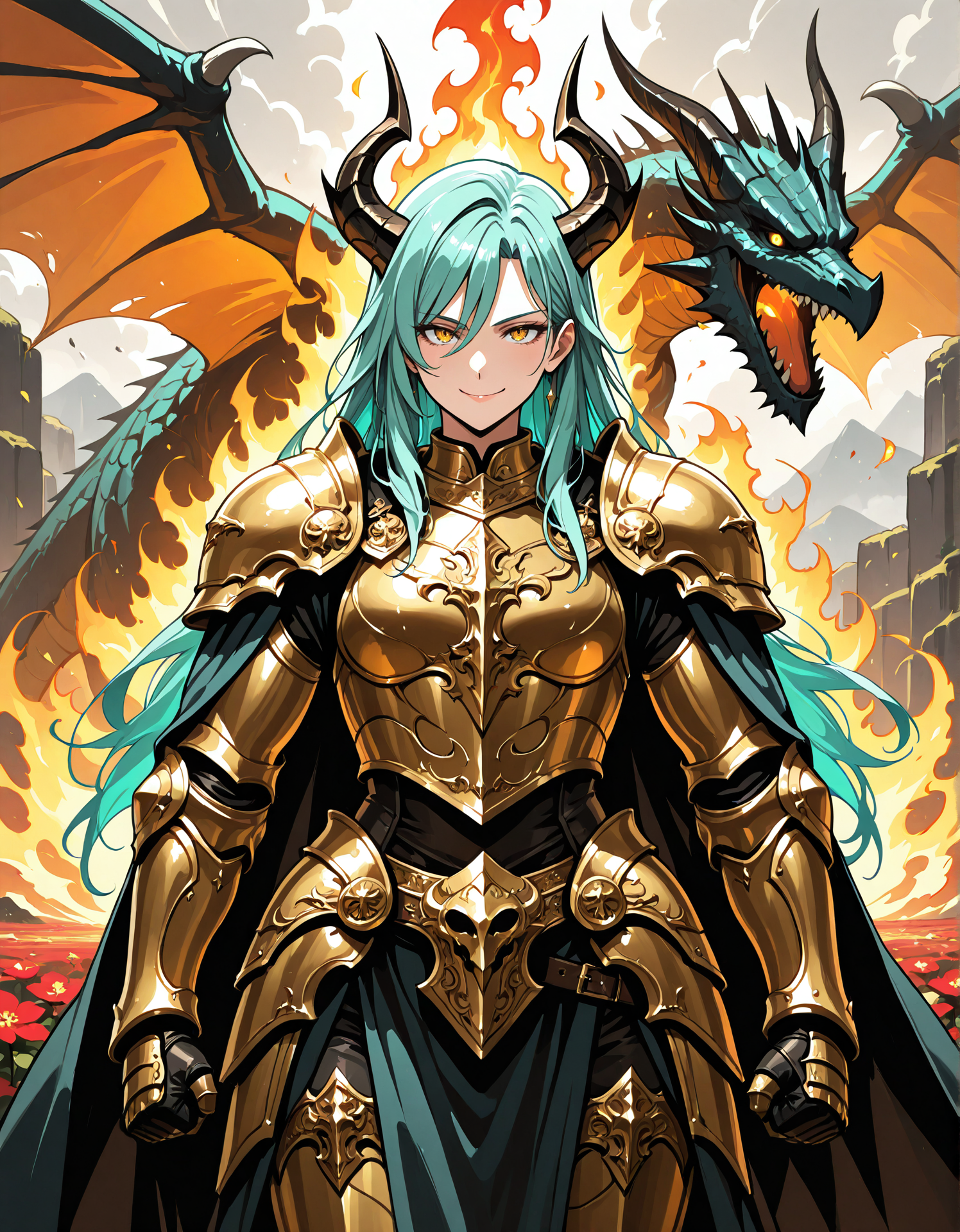 masterpieces, best quality, highres,
adult girl, gold eyes, dagron eyes, smile face, fighting pose, highly detailed illustration of a knight, long aqua hair, golden armor, mcnm, fire aura, flames, fantasy, adventure, red flower, dragon, foggy, cowboy shot, facing to viewer
<lora:hinaIllustriousArmorMix_v1-rev1:0.7>