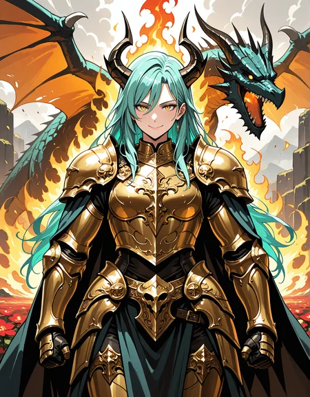 masterpieces, best quality, highres,
adult girl, gold eyes, dagron eyes, smile face, fighting pose, highly detailed illustration of a knight, long aqua hair, golden armor, mcnm, fire aura, flames, fantasy, adventure, red flower, dragon, foggy, cowboy shot, facing to viewer
<lora:hinaIllustriousArmorMix_v1-rev1:0.7>
