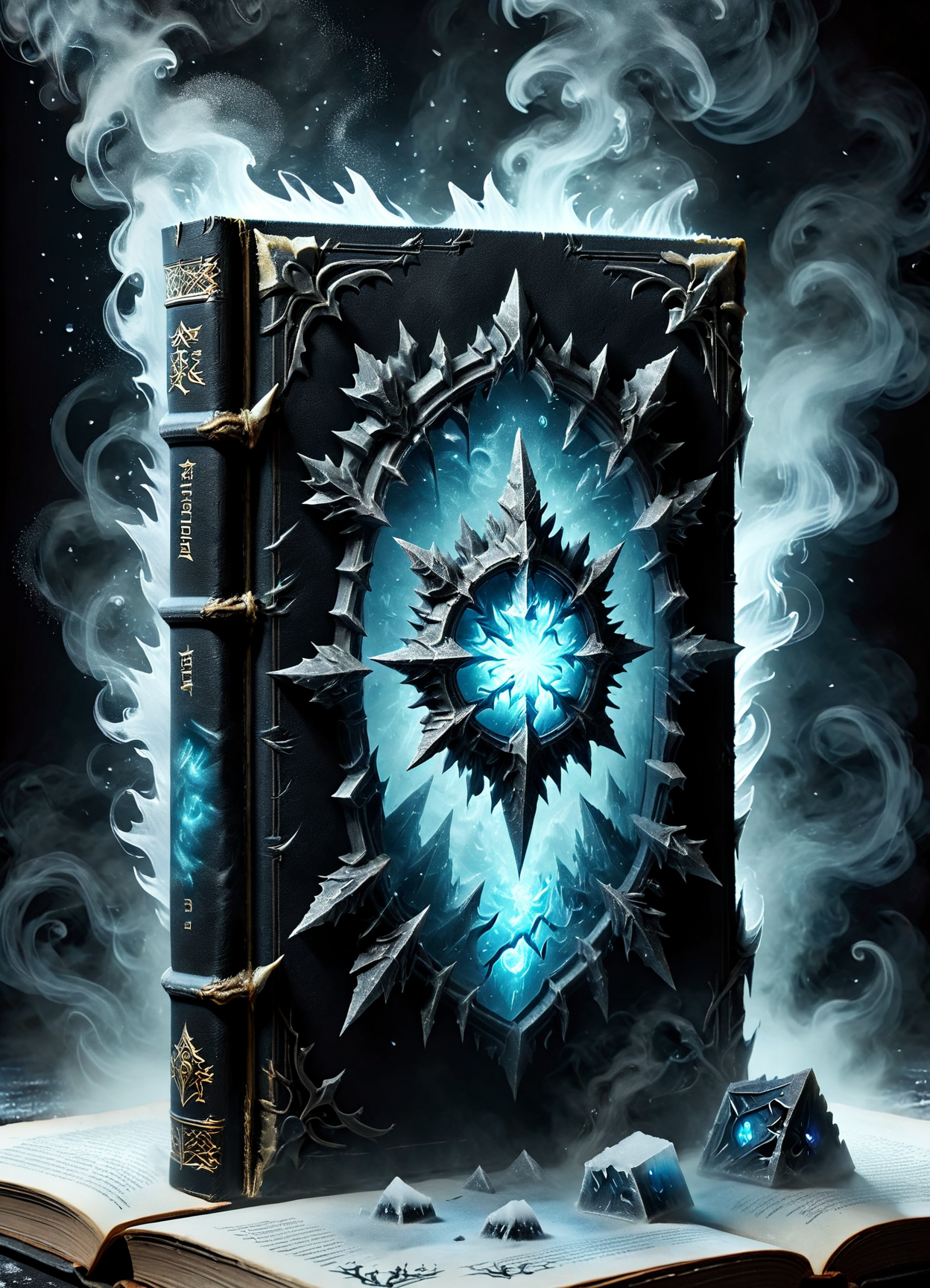 DonMGl00my1c3XL, black ice spellbooks,   dust jacket, zypheron (a mysterious substance),    bookplates <lora:DonMGl00my1c3XL:1>