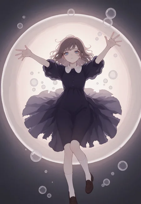 solo, ethereal, detailed, contemplative, from above,
void,
falling, on back, bubbles, reaching out, raised arms, raised legs,
1girl, very pale, brown medium hair, purplish hair, blue eyes, dark purple dress, collared_dress, white_collar, torn dress, brown shoes, white socks, mary_jane shoes,
(748cmstyle:1.3),
masterpiece,best quality,amazing quality, detailed,
