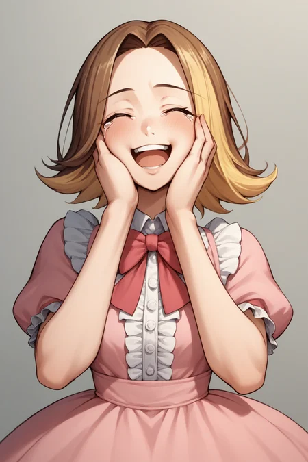 score_9, score_8_up, 1girl, solo, source_anime, <lora:zs_YumiXL:1>: yumiif, multicolored hair, blonde hair, brown hair, pink dress, frills, puffy sleeves, short sleeves, bowtie, happy, tears of joy, hands on cheeks