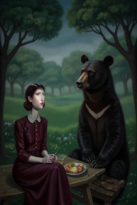 troybrooks1 painting. A woman and a black bear sitting in a park for a picnic in gloomy rainy day. <lora:troybrooks1_cap_d8a4e10:1.0><lora:854071719005023285:0>