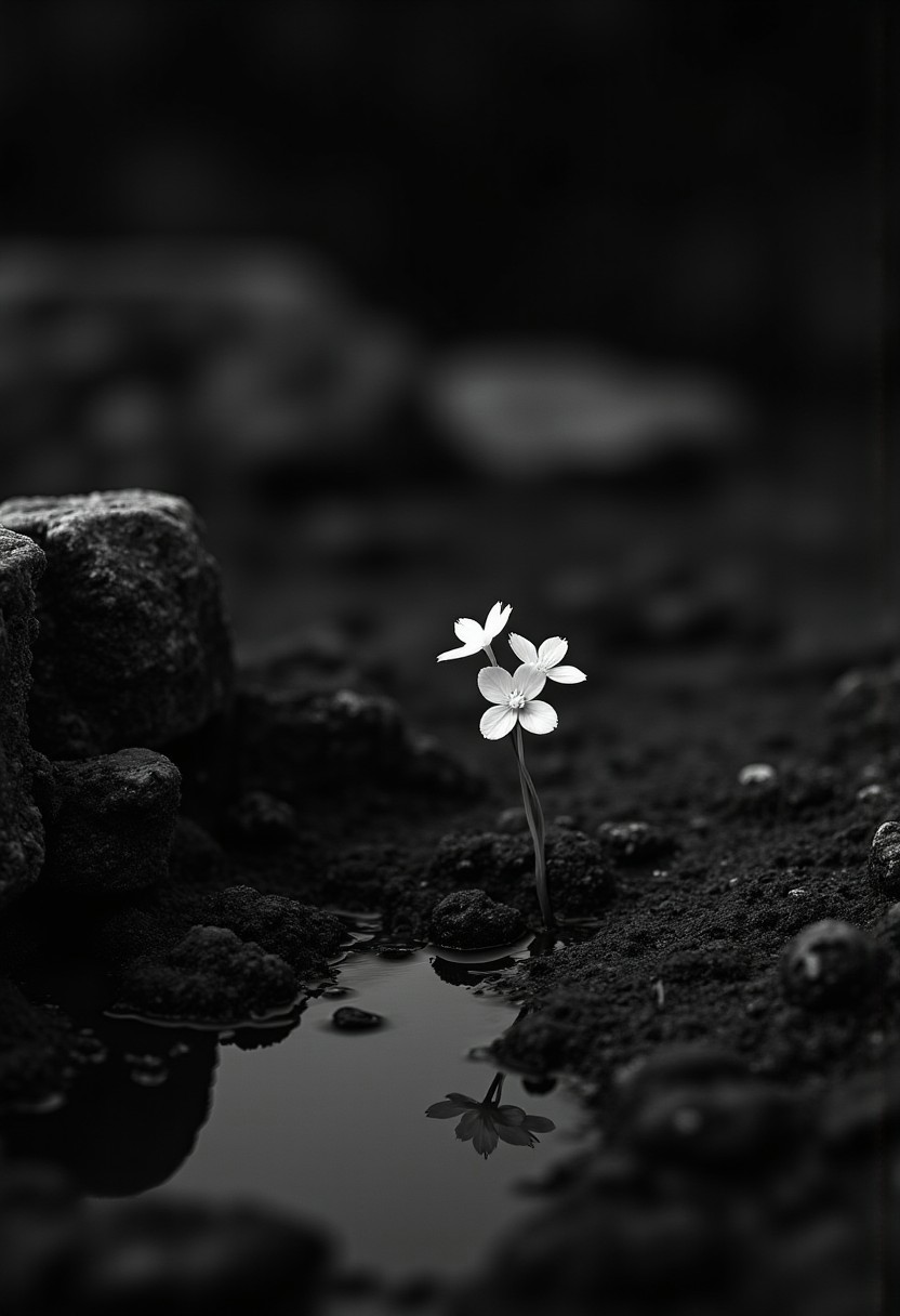 Close up infrared image, black and white, monochrome, macrophotography photo of a small glowing white flower on an all black plant, the plant is alone and growing on a small alien rocky barren asteroid next to a tiny puddle of water, the glowing flower reflecting slight colors in the small puddle