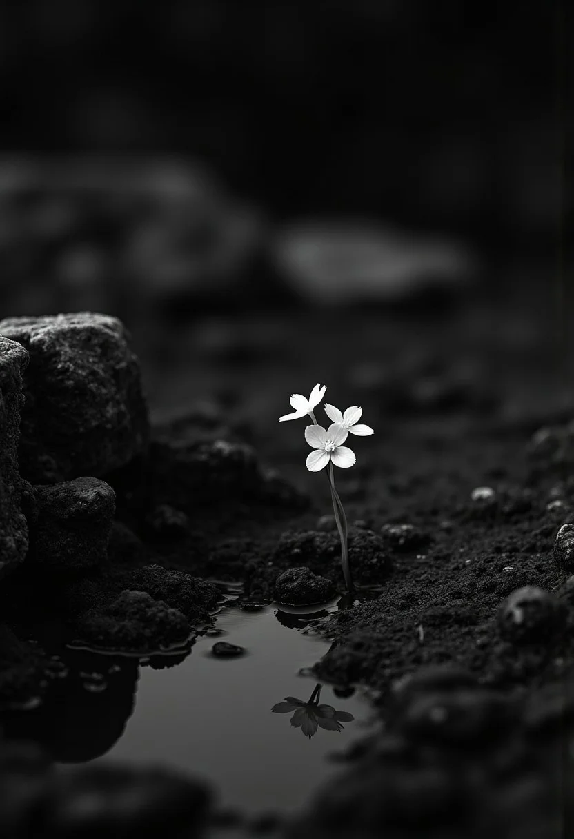 Close up infrared image, black and white, monochrome, macrophotography photo of a small glowing white flower on an all black plant, the plant is alone and growing on a small alien rocky barren asteroid next to a tiny puddle of water, the glowing flower reflecting slight colors in the small puddle