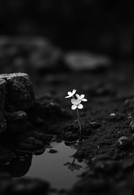 Close up infrared image, black and white, monochrome, macrophotography photo of a small glowing white flower on an all black plant, the plant is alone and growing on a small alien rocky barren asteroid next to a tiny puddle of water, the glowing flower reflecting slight colors in the small puddle