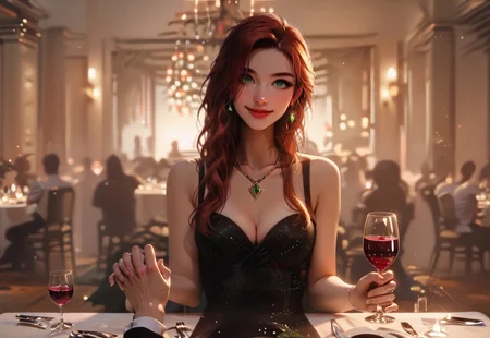 safe_pos, digital art, Score_9_up, score_8_up, score_7_up, realism, highly detailed, detailed face, masterpiece, high res, hi-res, sharp focus, 

dim lighting, g0th1c,  mad-neon-noir,  noir, (1 girl), sitting in an expensive restaurant, (at a table), (looking at viewer),  (pov holding hand), holding wine glass, wine glass, sexy eyes, smile, 25 years old, Anna_Rice, night, long hair, auburn hair, green eyes, medium bust, black evening gown, cleavage, necklace, bare arms, necklace, diamond earrings, blurry background

